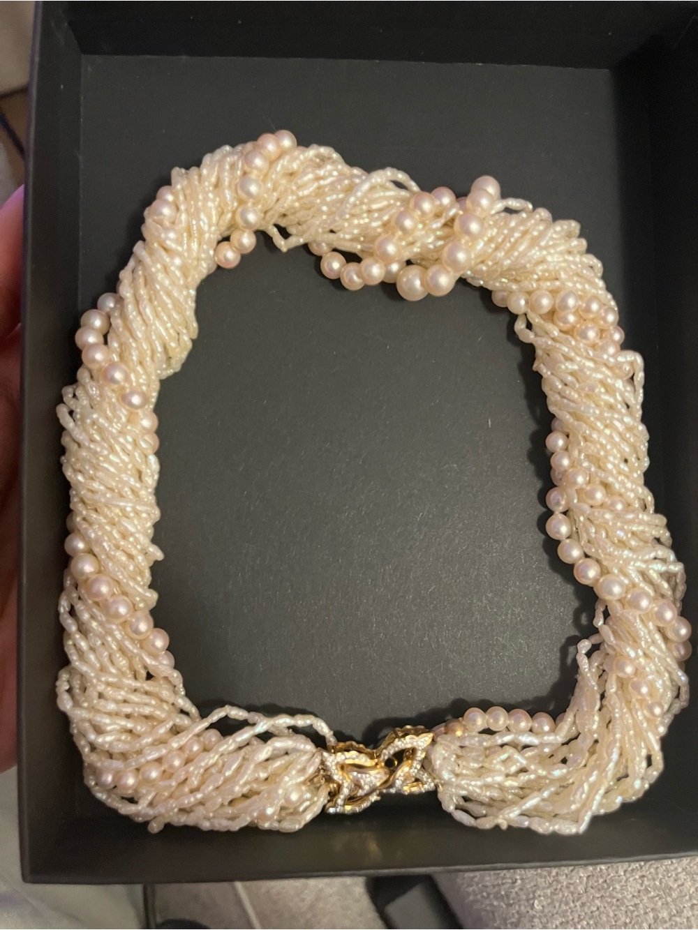 14k Yellow Gold and Diamond Multi-Strand Pearl Twist Necklace